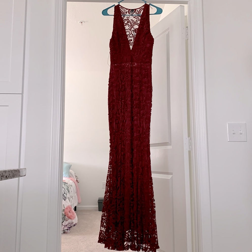 Burgundy lace dress with mermaid bottom